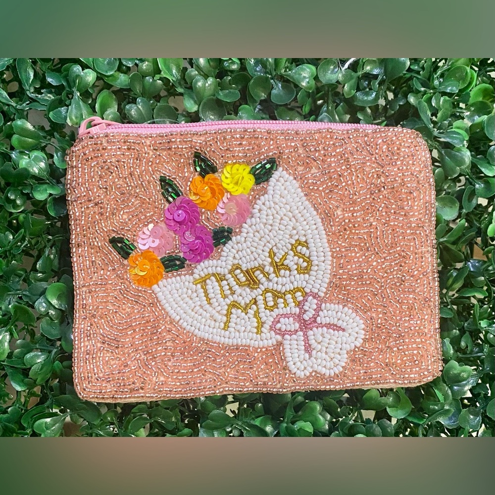 BRAND NEW WITH TAGS “Thanks Mom” Beaded Coin Purse – Floral Gift Pouch